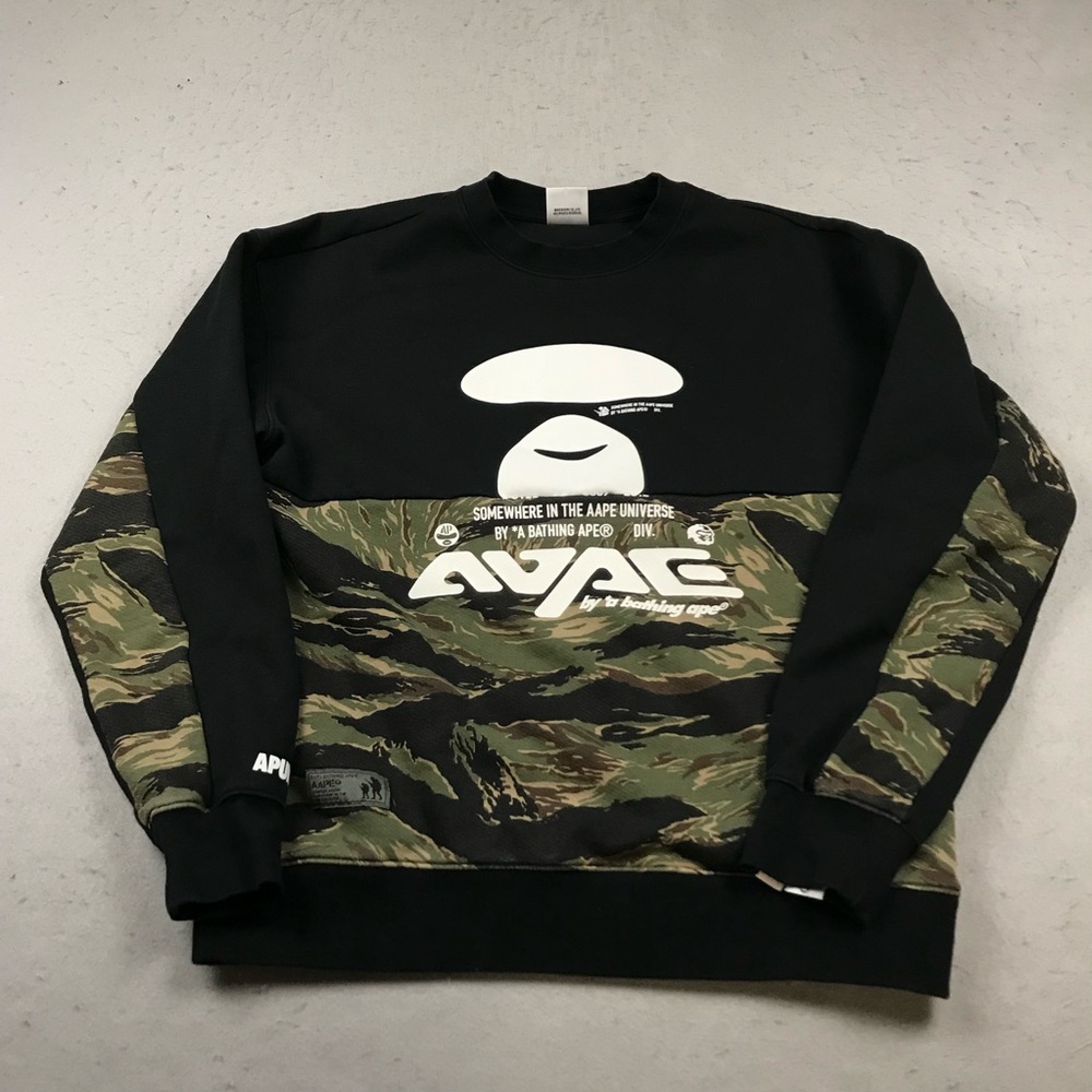 Bape Sweatshirt Mens Medium Black Green Camo AAPE Bathing Ape Ogo Crewneck Logo